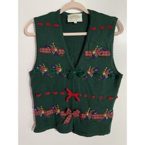 Vtg Susan Bristol Sweater Vest S Floral Christmas Hand Embroidered Wool Granny